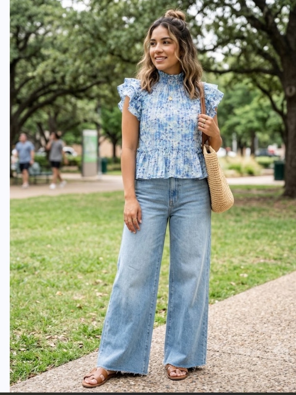 Light Blue Smocked High-Neck Floral Blouse with Ruffle Sleeves